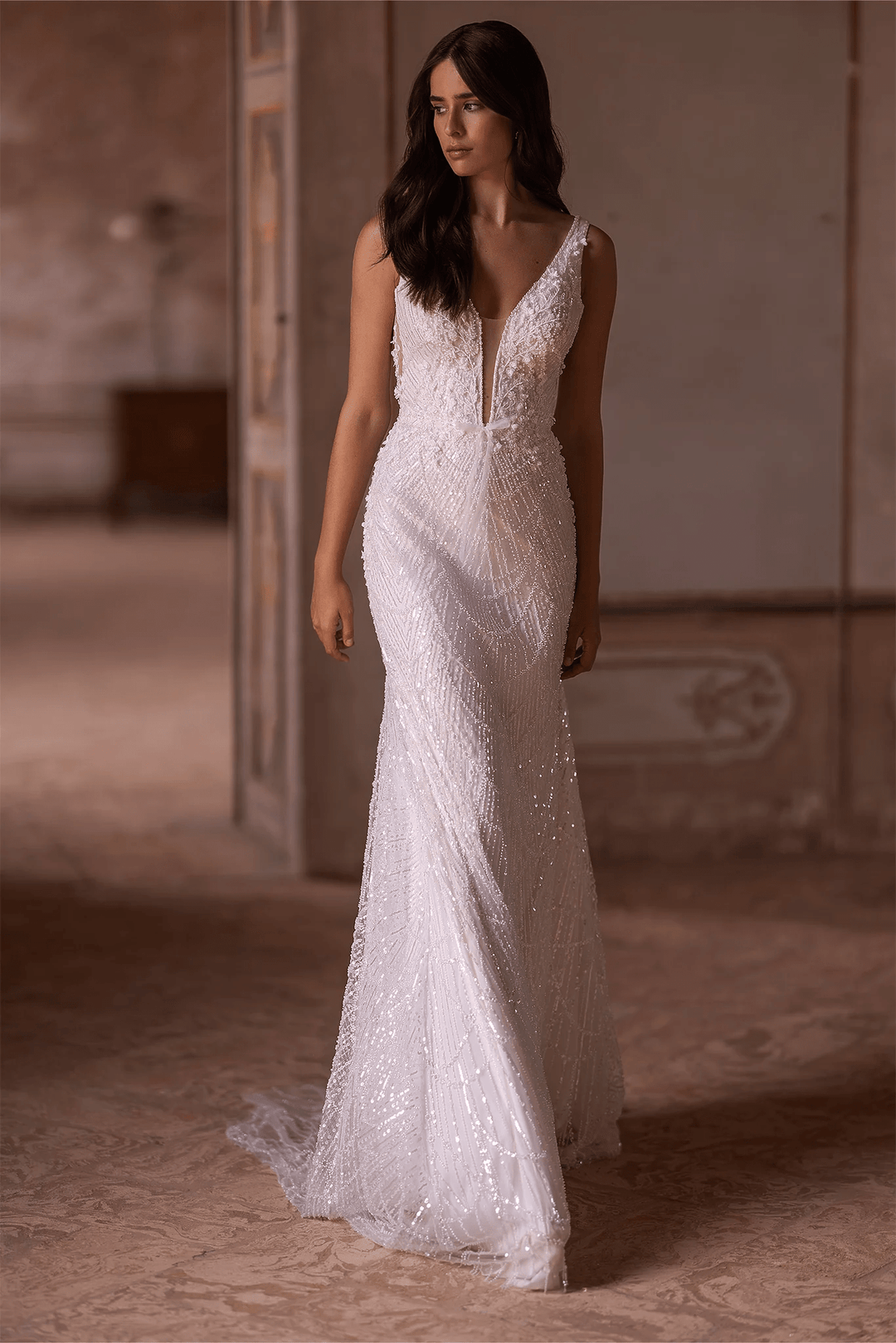Ivory Mermaid Wedding Dress Beaded with Deep V - Neckline and Bow Detail – Convertible Wedding Gown with Sequin Plus Size - WonderlandByLilian