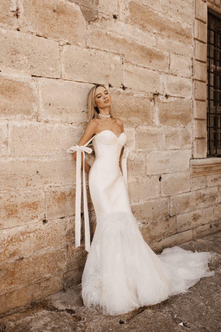 Ivory Mermaid Wedding Dress - Strapless Sweetheart Neckline Wedding Dress with Bow - Feather Wedding Dress Plus Size - POLLINI - WonderlandByLilian