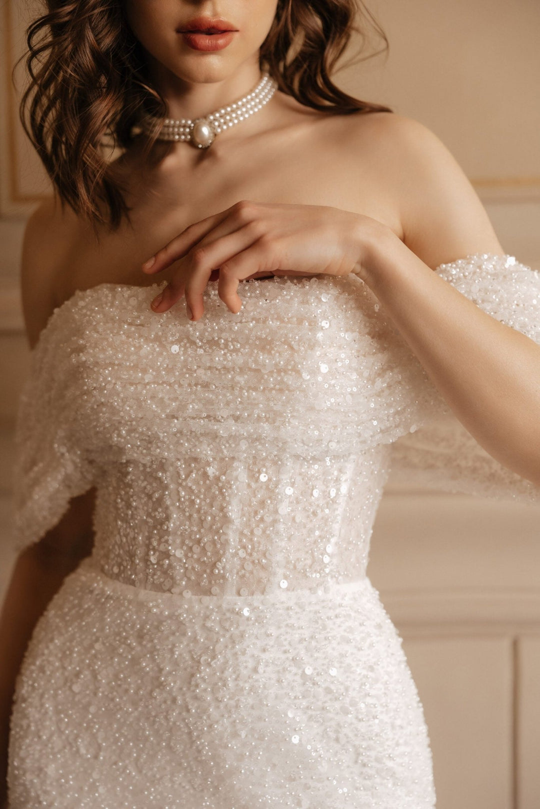 Ivory Mermaid Wedding Dress with Removable Sleeves – Sparkly Wedding Dress with Sleeves and Corset Plus Size – JOSIE - WonderlandByLilian
