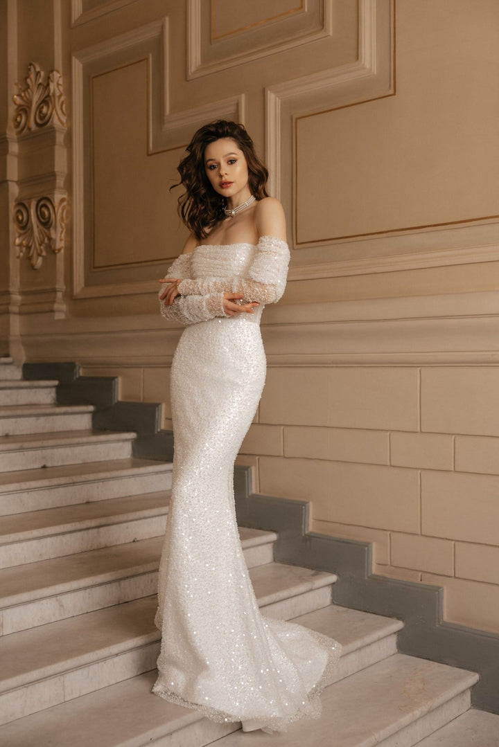 Ivory Mermaid Wedding Dress with Removable Sleeves – Sparkly Wedding Dress with Sleeves and Corset Plus Size – JOSIE - WonderlandByLilian