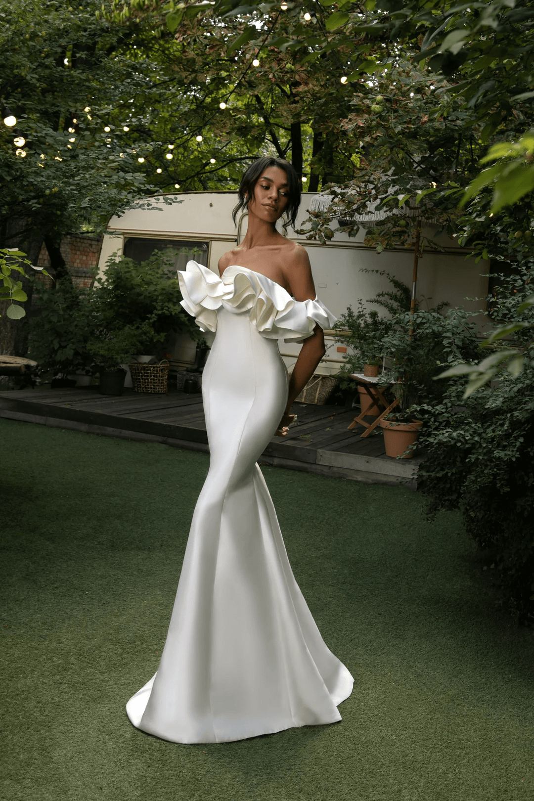 Ivory Mermaid Wedding Dress with Ruffled Corset – Off the Shoulder Wedding Gown with Hidden Zipper Plus Size - Mercy - WonderlandByLilian