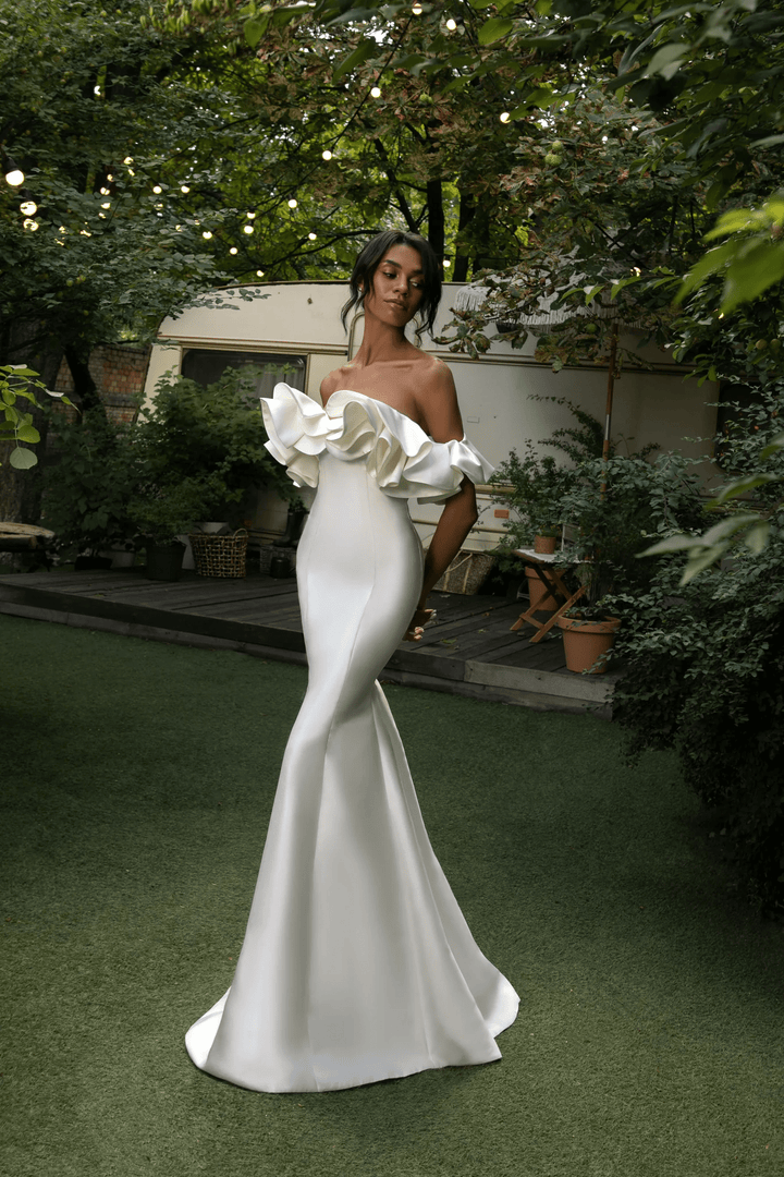 Ivory Mermaid Wedding Dress with Ruffled Corset – Off the Shoulder Wedding Gown with Hidden Zipper Plus Size - Mercy - WonderlandByLilian