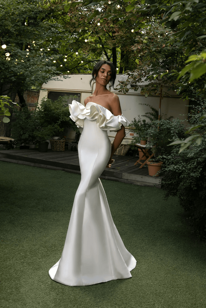 Ivory Mermaid Wedding Dress with Ruffled Corset – Off the Shoulder Wedding Gown with Hidden Zipper Plus Size