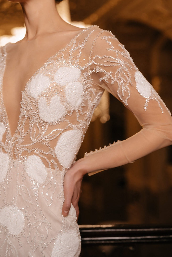 Ivory Mermaid Wedding Dress with Sheer Sleeves – Long Sleeve Sequin Wedding Dress with Deep V Neckline Plus Size – CLAUDIA - WonderlandByLilian