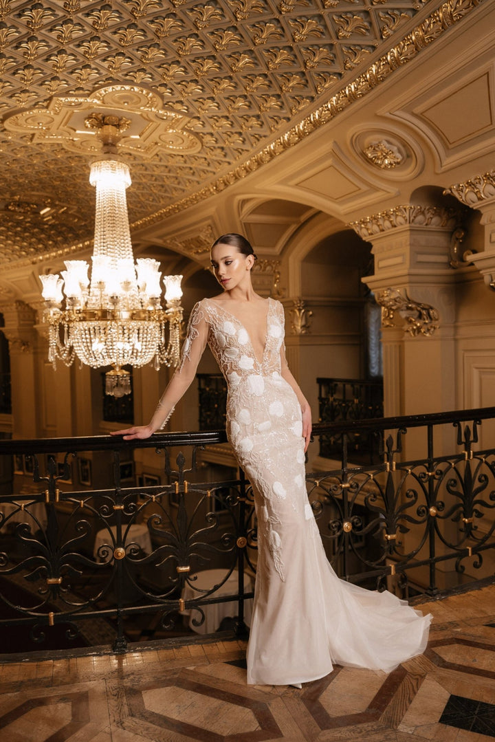 Ivory Mermaid Wedding Dress with Sheer Sleeves – Long Sleeve Sequin Wedding Dress with Deep V Neckline Plus Size – CLAUDIA - WonderlandByLilian