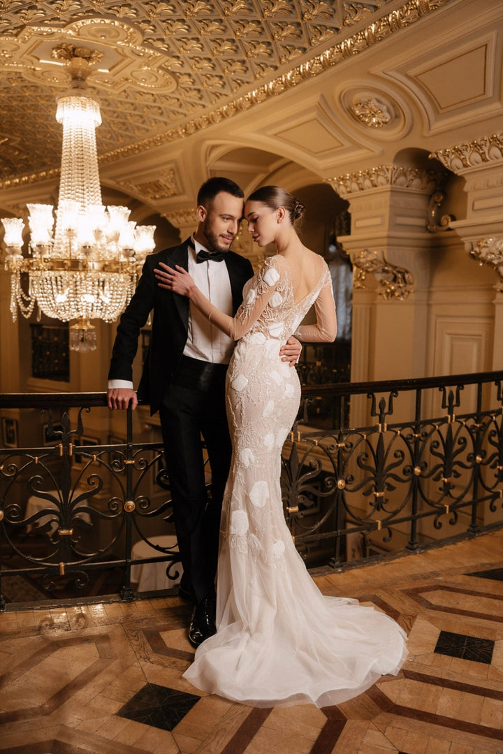 Ivory Mermaid Wedding Dress with Sheer Sleeves – Long Sleeve Sequin Wedding Dress with Deep V Neckline Plus Size – CLAUDIA - WonderlandByLilian