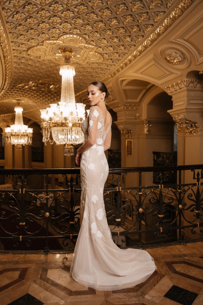 Ivory Mermaid Wedding Dress with Sheer Sleeves – Long Sleeve Sequin Wedding Dress with Deep V Neckline Plus Size – CLAUDIA - WonderlandByLilian