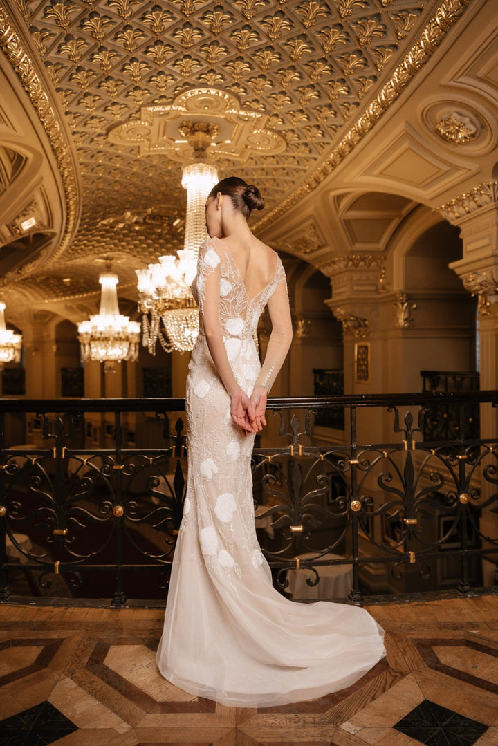 Ivory Mermaid Wedding Dress with Sheer Sleeves – Long Sleeve Sequin Wedding Dress with Deep V Neckline Plus Size – CLAUDIA - WonderlandByLilian