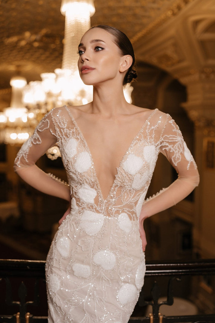 Ivory Mermaid Wedding Dress with Sheer Sleeves – Long Sleeve Sequin Wedding Dress with Deep V Neckline Plus Size – CLAUDIA - WonderlandByLilian