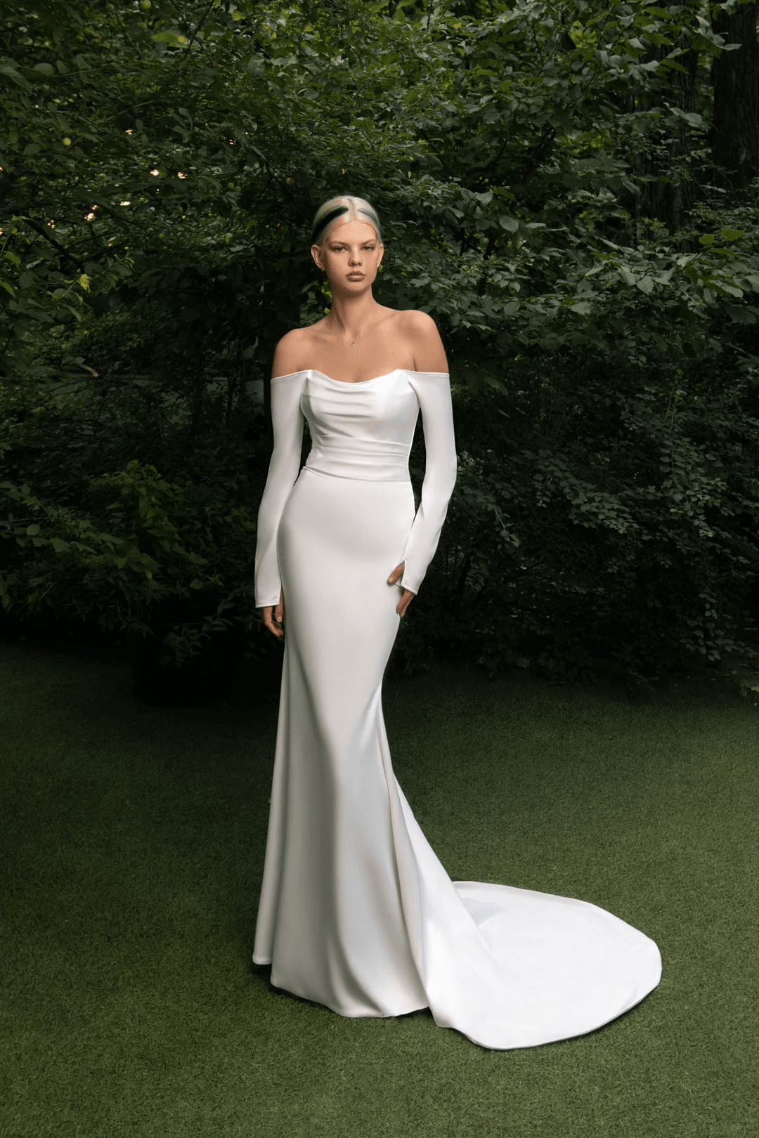 Ivory Mermaid Wedding Gown with Off - the - Shoulder Sleeves – Satin Wedding Dress with Dramatic Train and Hidden Lace - Up Back Plus Size - Makenna - WonderlandByLilian