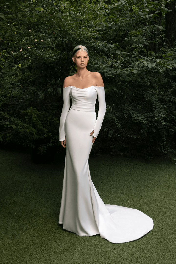 Ivory Mermaid Wedding Gown with Off - the - Shoulder Sleeves – Satin Wedding Dress with Dramatic Train and Hidden Lace - Up Back Plus Size - Makenna - WonderlandByLilian