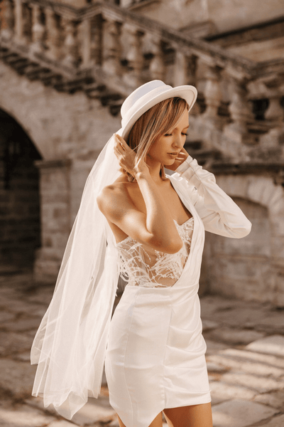 Ivory Mini Elopement Dress - Off One Shoulder Wedding Dress - Short Length Wedding Dress with Lace Plus Size - JEMMA - WonderlandByLilian