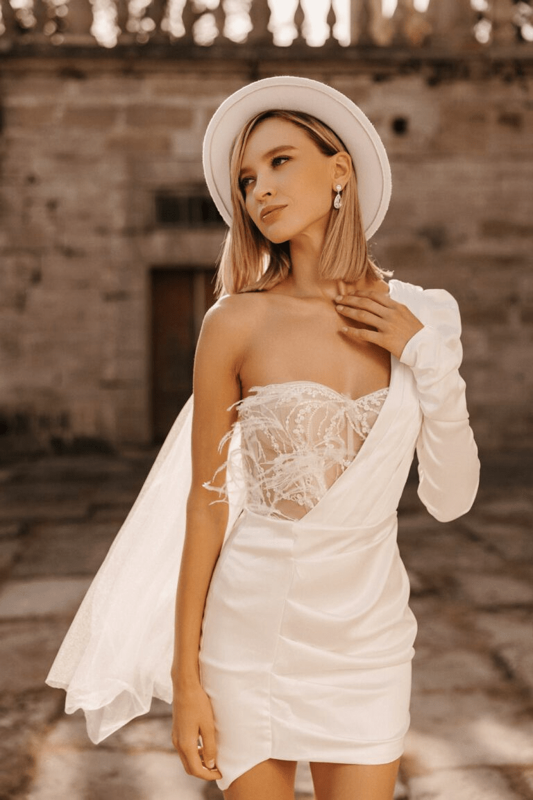 Ivory Mini Elopement Dress - Off One Shoulder Wedding Dress - Short Length Wedding Dress with Lace Plus Size - JEMMA Size 6 Ivory Mini Elopement Dress - Off One Shoulder Wedding Dress - Short Length Wedding Dress with Lace Plus Size - JEMMA Size 6