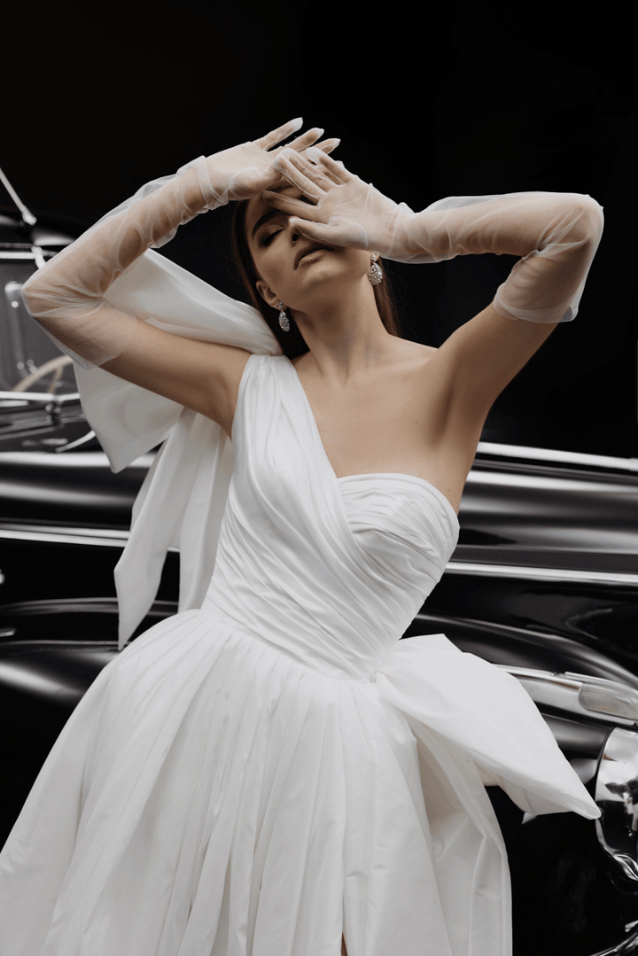 Ivory Off One Shoulder Wedding Dress with High Slit - Aline Ball Gown Wedding Dress Plus Size - RACHEL - WonderlandByLilian