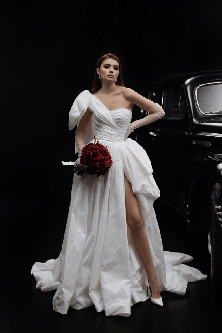 Ivory Off One Shoulder Wedding Dress with High Slit - Aline Ball Gown Wedding Dress Plus Size - RACHEL - WonderlandByLilian