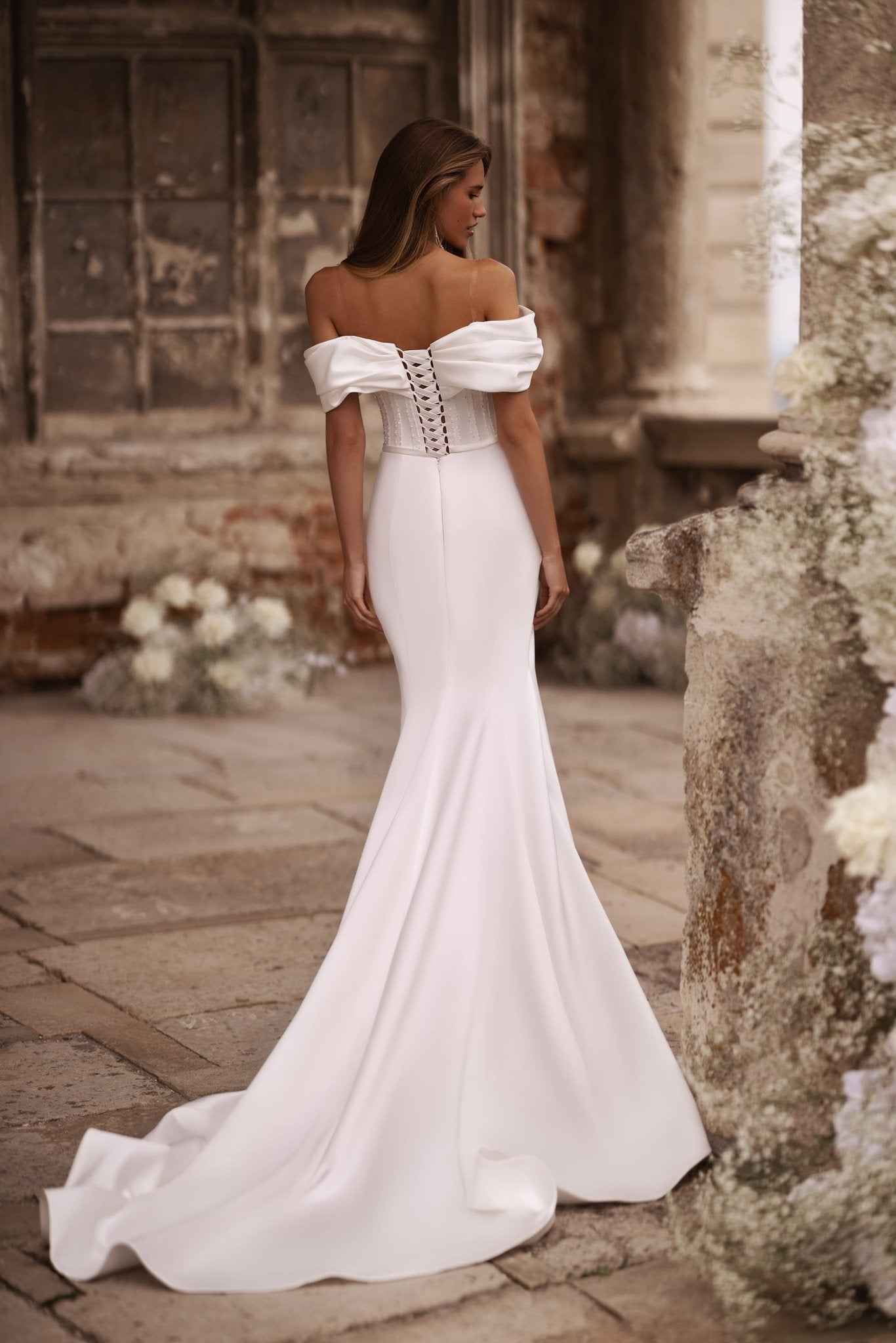 Ivory Off-Shoulder Satin Wedding Dress with Corset and High