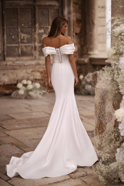 Ivory Off-Shoulder Satin Wedding Dress with Corset and High Slit Plus Size - WonderlandByLilian