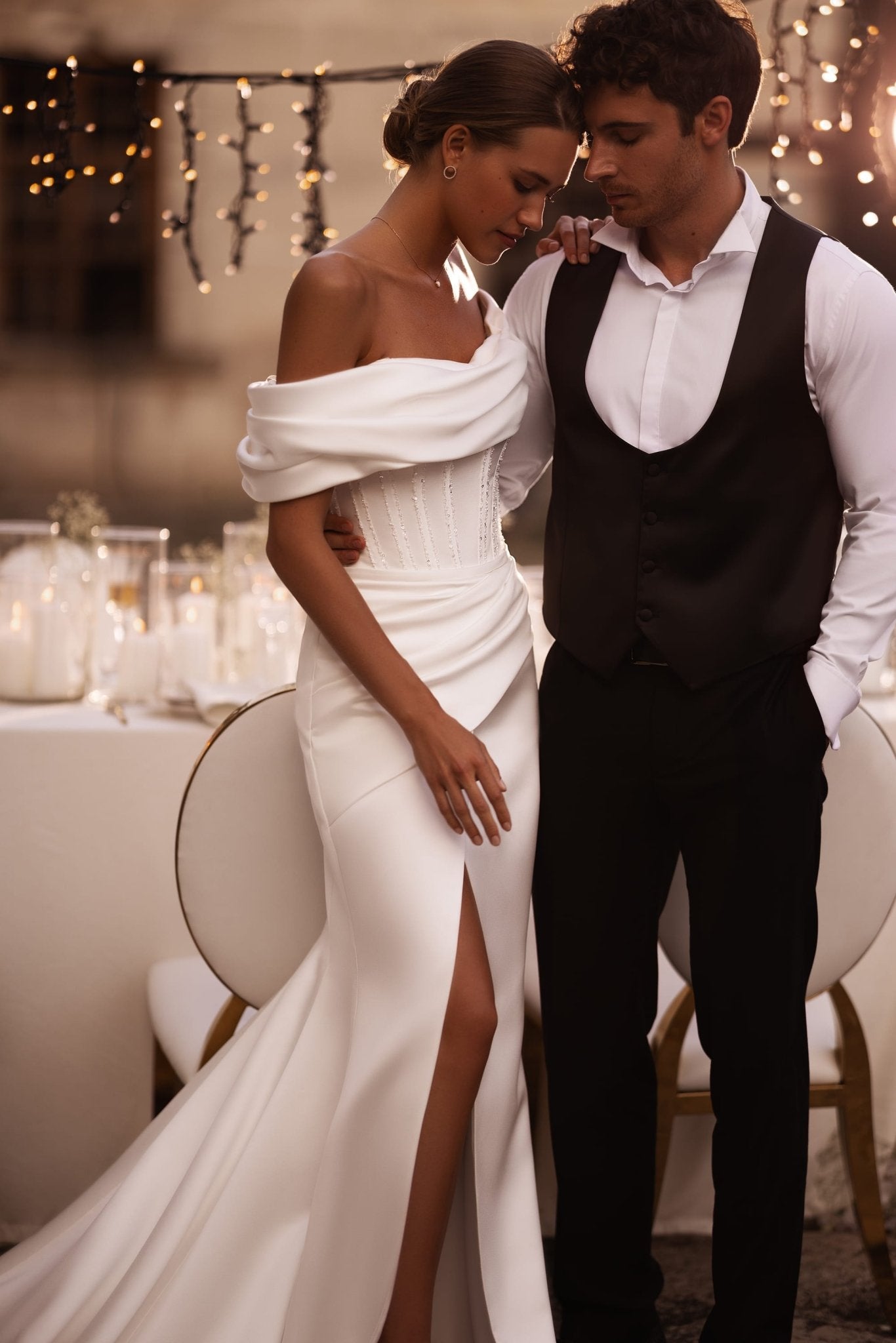 Ivory Off-Shoulder Satin Wedding Dress with Corset and High Slit Plus Size - WonderlandByLilian