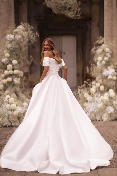 Ivory Off-Shoulder Satin Wedding Dress with Elegant Train Plus Size - WonderlandByLilian