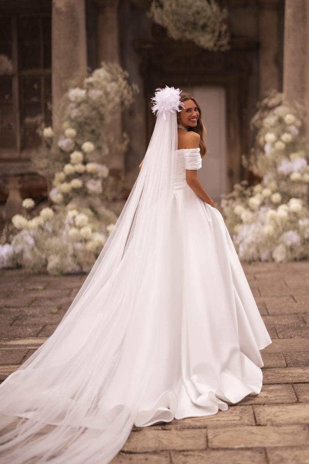 Ivory Off-Shoulder Satin Wedding Dress with Elegant Train Plus Size - WonderlandByLilian