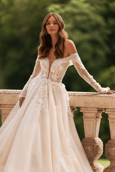 Ivory Off Shoulder Wedding Dress - White Sequin Dress - Lace-Up Back Wedding Dress and Deep V-Neck Dress Plus Size - WonderlandByLilian
