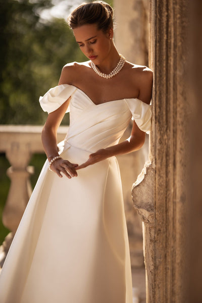 Ivory Off-Shoulder Wedding Dress with Draped Sleeves and Elegant Train Plus Size - WonderlandByLilian