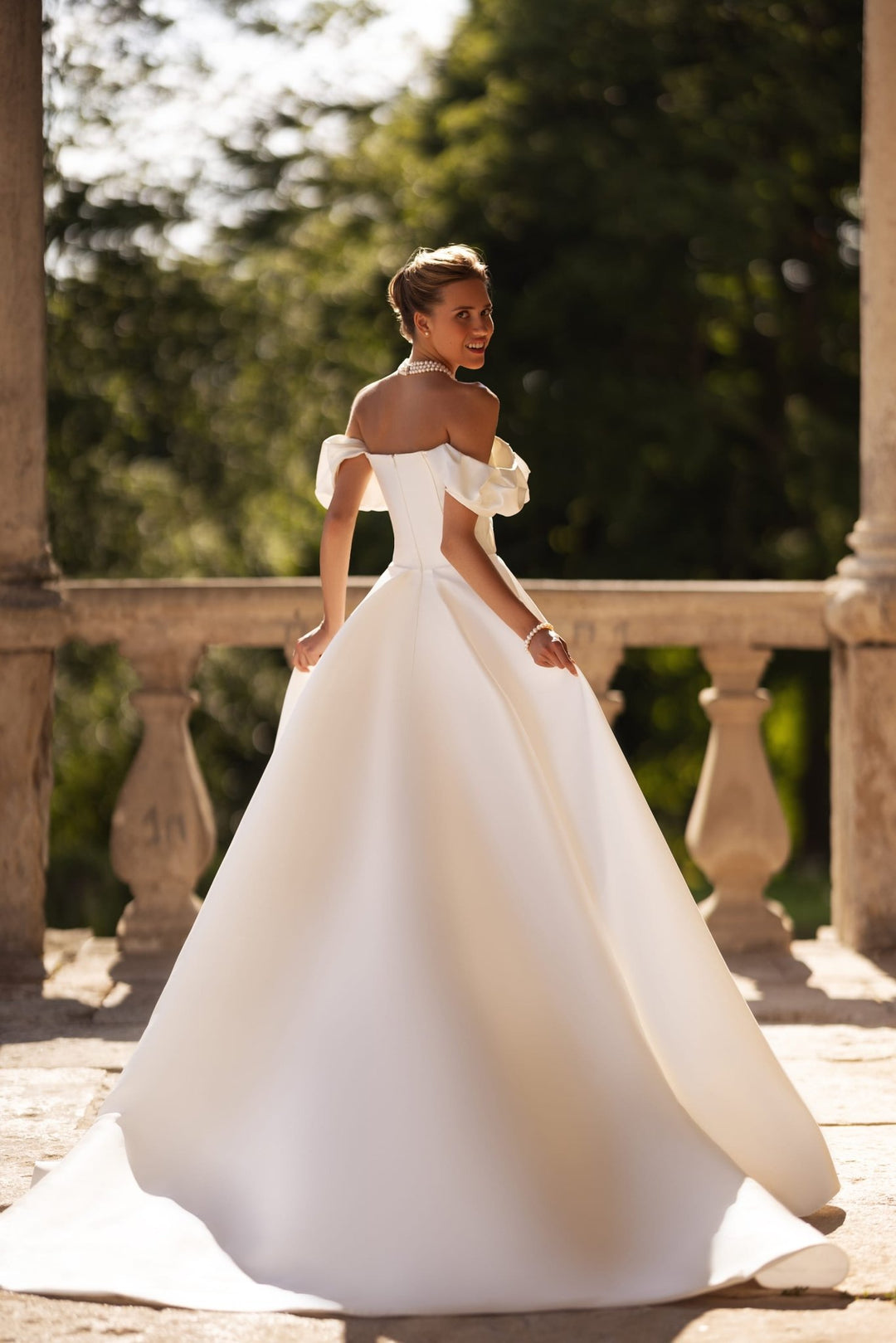 Ivory Off-Shoulder Wedding Dress with Draped Sleeves and Elegant Train Plus Size - WonderlandByLilian