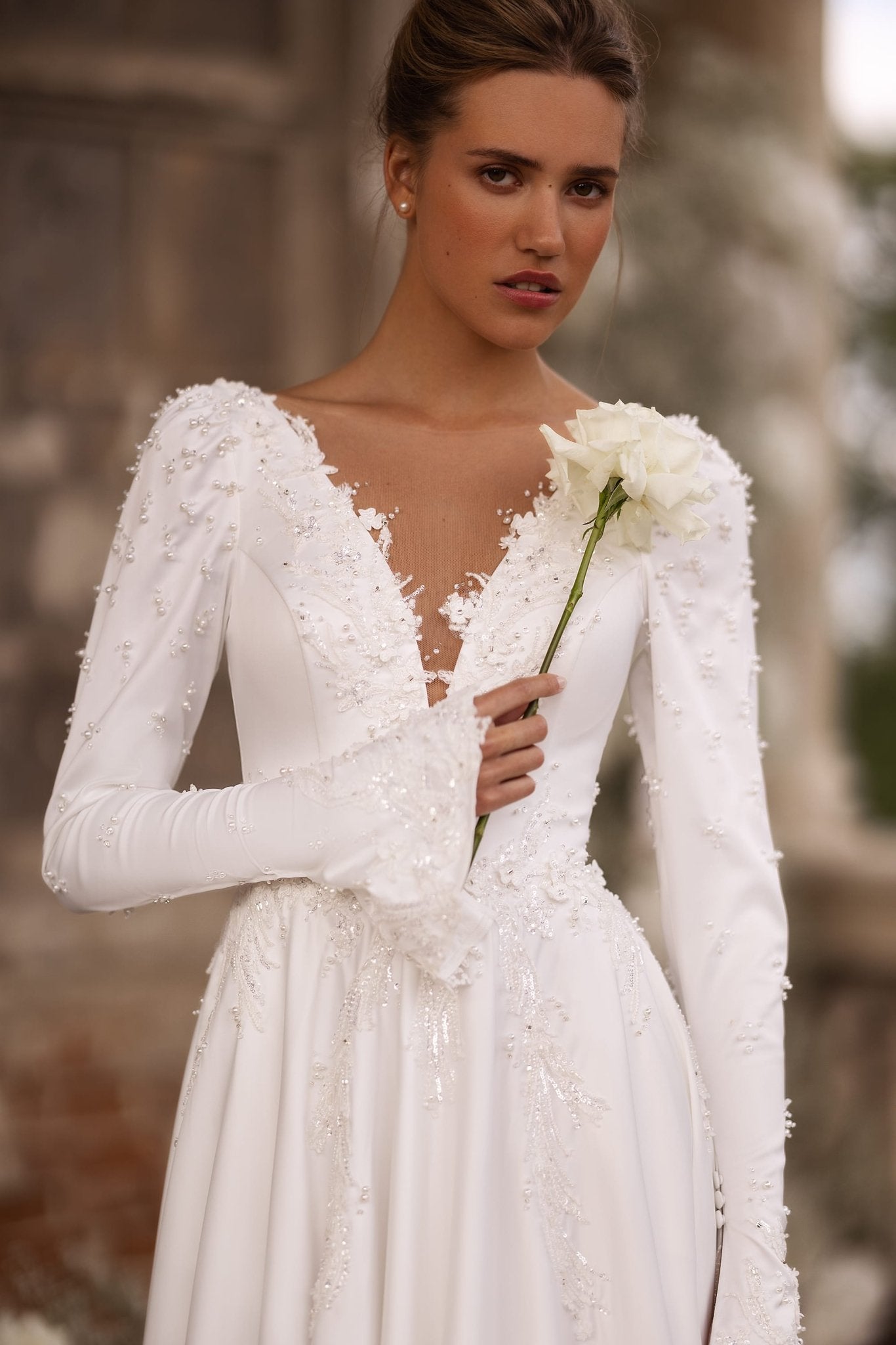 Ivory Off-Shoulder Wedding Dress with Floral Embellishments and Lace Sleeves Plus Size - WonderlandByLilian