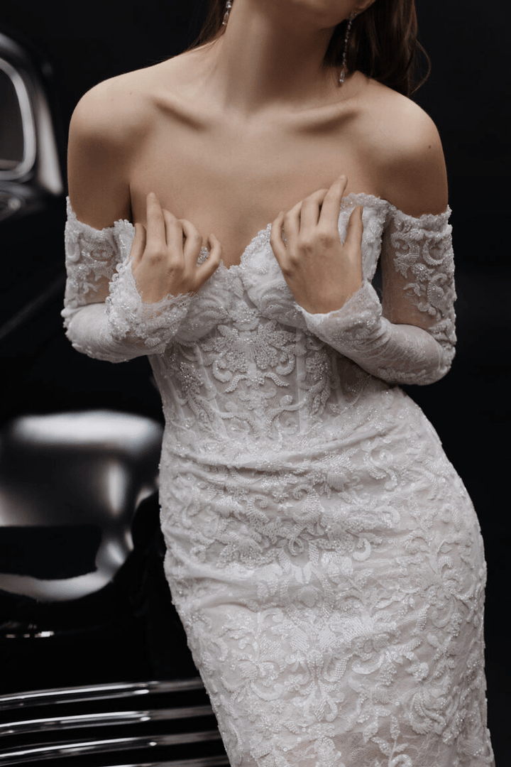 Ivory Off Shoulder Wedding Dress with Lace - Tulle Mermaid Wedding Gown - Corset Bridal Dress Plus Size - STACY - WonderlandByLilian