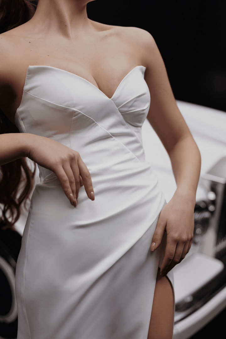 Ivory Off Shoulder Wedding Dress with Open Corset and Train - Strapless Sweetheart Neckline Wedding Dress with High Slit Plus Size - GUADELOUPE - WonderlandByLilian