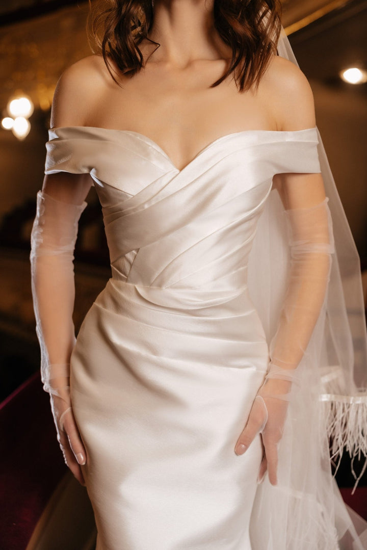 Ivory Off the Shoulder Wedding Dress – Satin Wedding Dress with Draped Corset and Lace - Up Back Plus Size – LAUREN - WonderlandByLilian