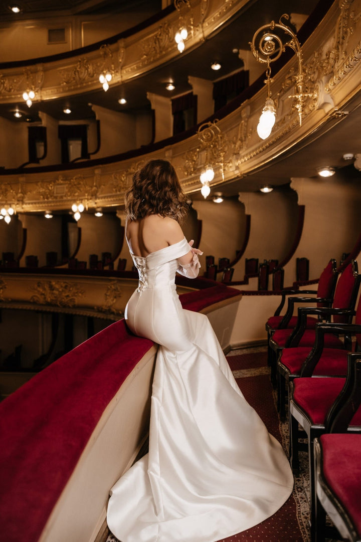 Ivory Off the Shoulder Wedding Dress – Satin Wedding Dress with Draped Corset and Lace - Up Back Plus Size – LAUREN - WonderlandByLilian