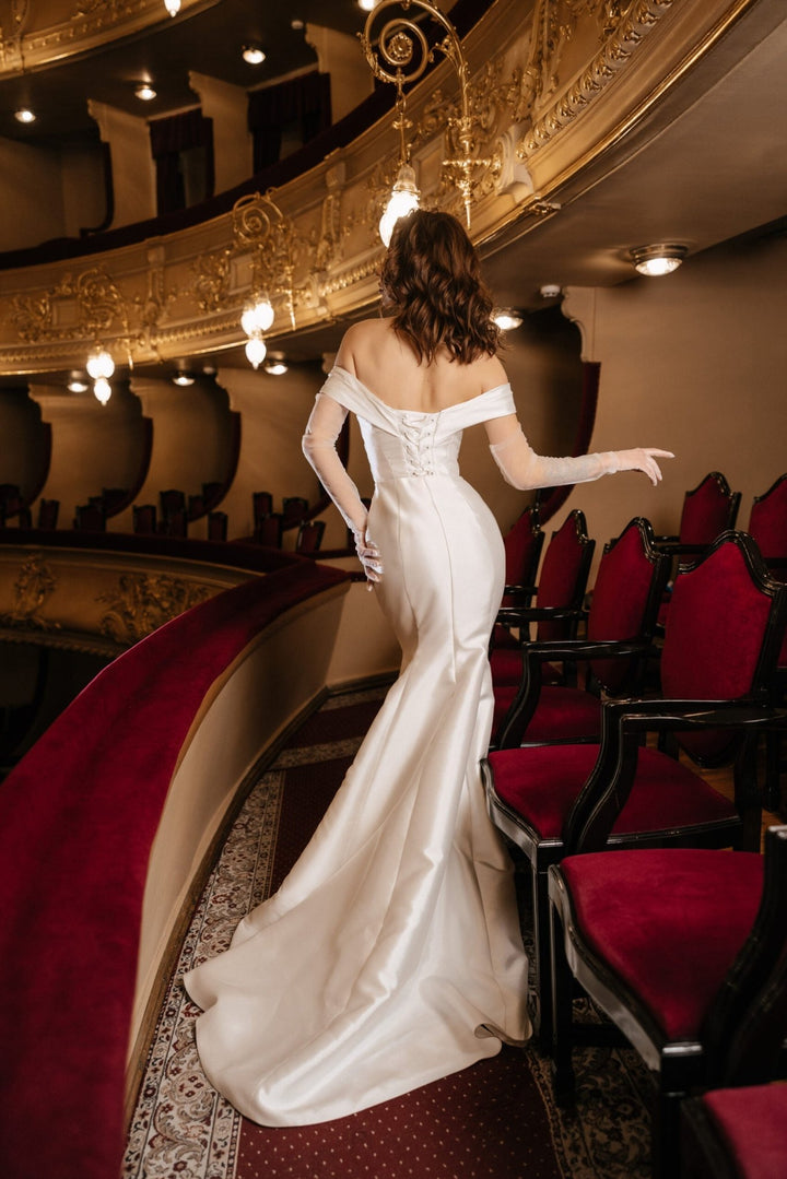 Ivory Off the Shoulder Wedding Dress – Satin Wedding Dress with Draped Corset and Lace - Up Back Plus Size – LAUREN - WonderlandByLilian