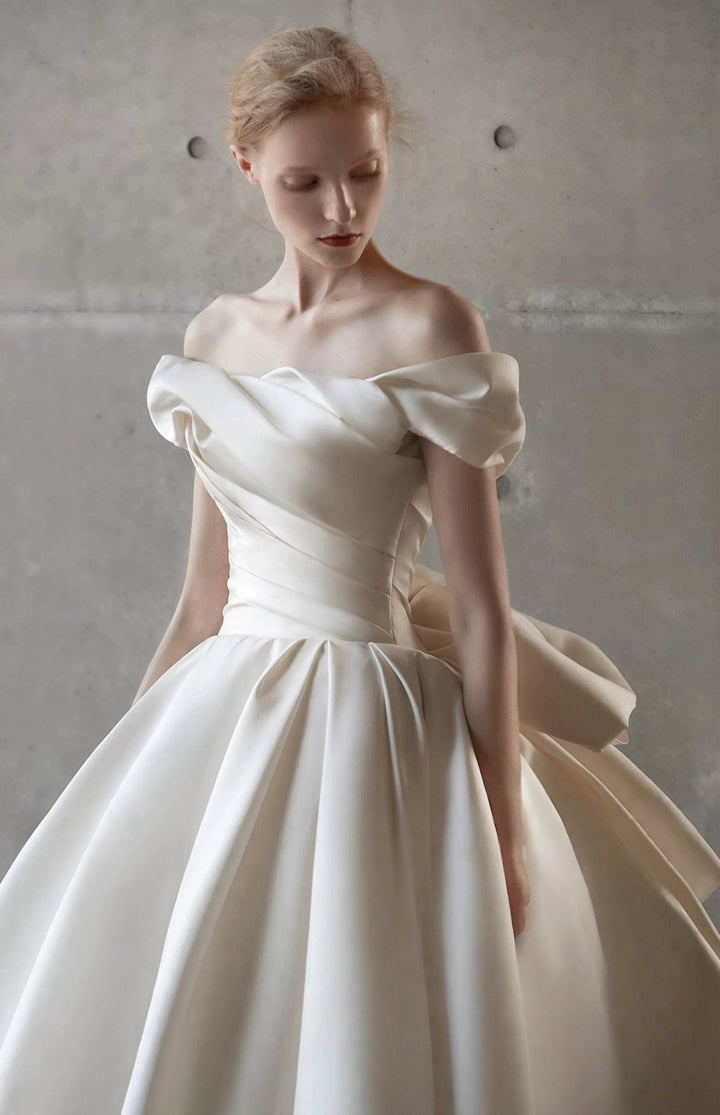 Ivory Off the Shoulder Wedding Dress with Draped Bow - Simple Satin Wedding Dress with Train Plus Size - WonderlandByLilian