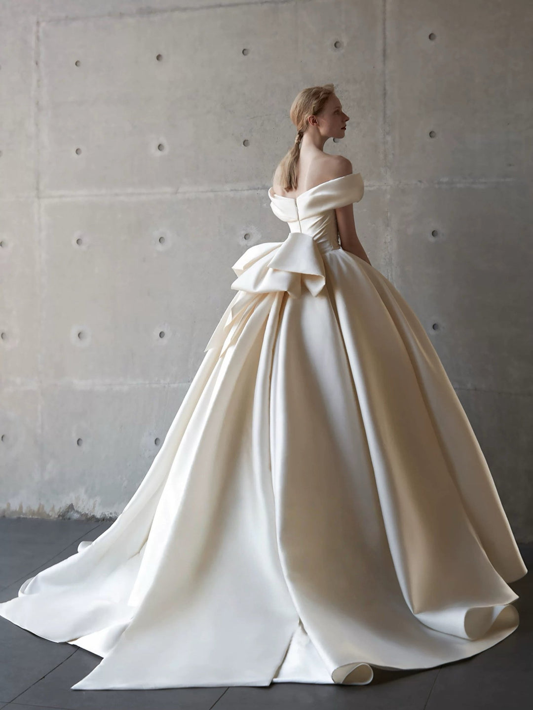 Ivory Off the Shoulder Wedding Dress with Draped Bow - Simple Satin Wedding Dress with Train Plus Size - WonderlandByLilian