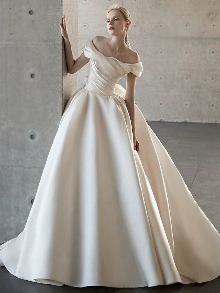 Ivory Off the Shoulder Wedding Dress with Draped Bow - Simple Satin Wedding Dress with Train Plus Size - WonderlandByLilian