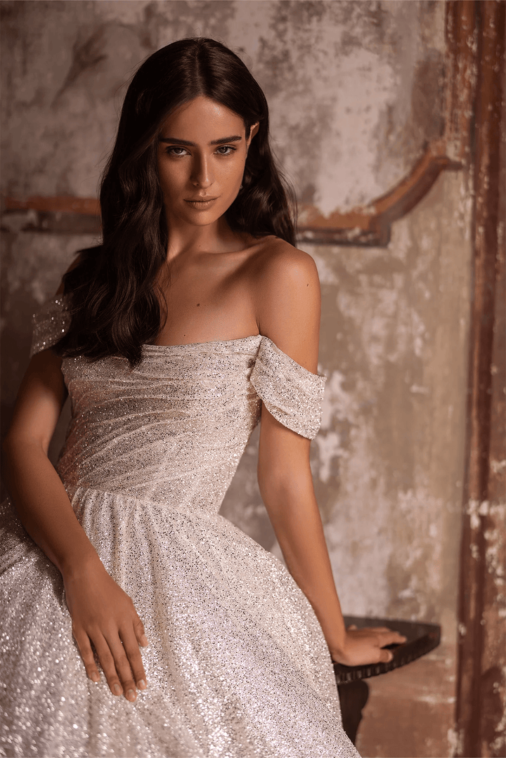 Ivory Off - the - Shoulder Wedding Dress with Low - Cut Neckline – Sequin Ball Gown Wedding Dress with Flowing Train Plus Size - WonderlandByLilian