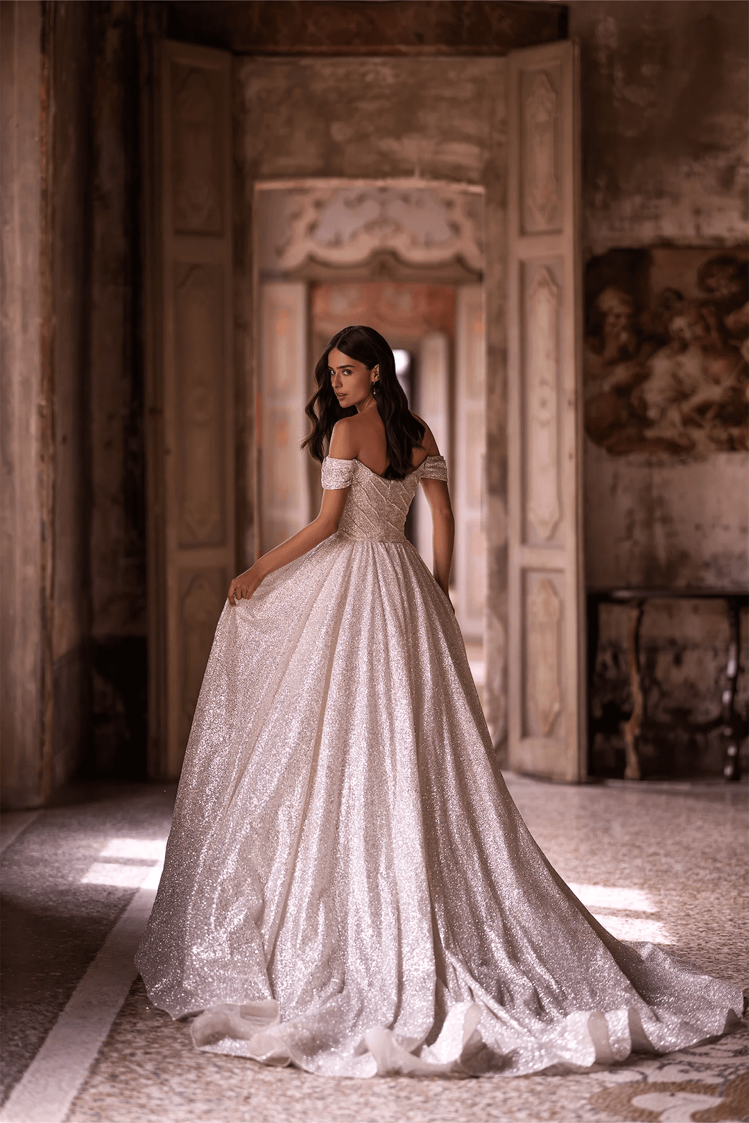 Ivory Off-the-Shoulder Wedding Dress with Low-Cut Neckline – Sequin Ball Gown Wedding Dress with Flowing Train Plus Size Size 12