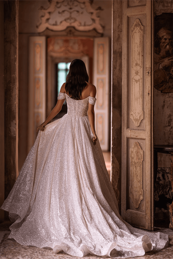 Ivory Off - the - Shoulder Wedding Dress with Low - Cut Neckline – Sequin Ball Gown Wedding Dress with Flowing Train Plus Size - WonderlandByLilian