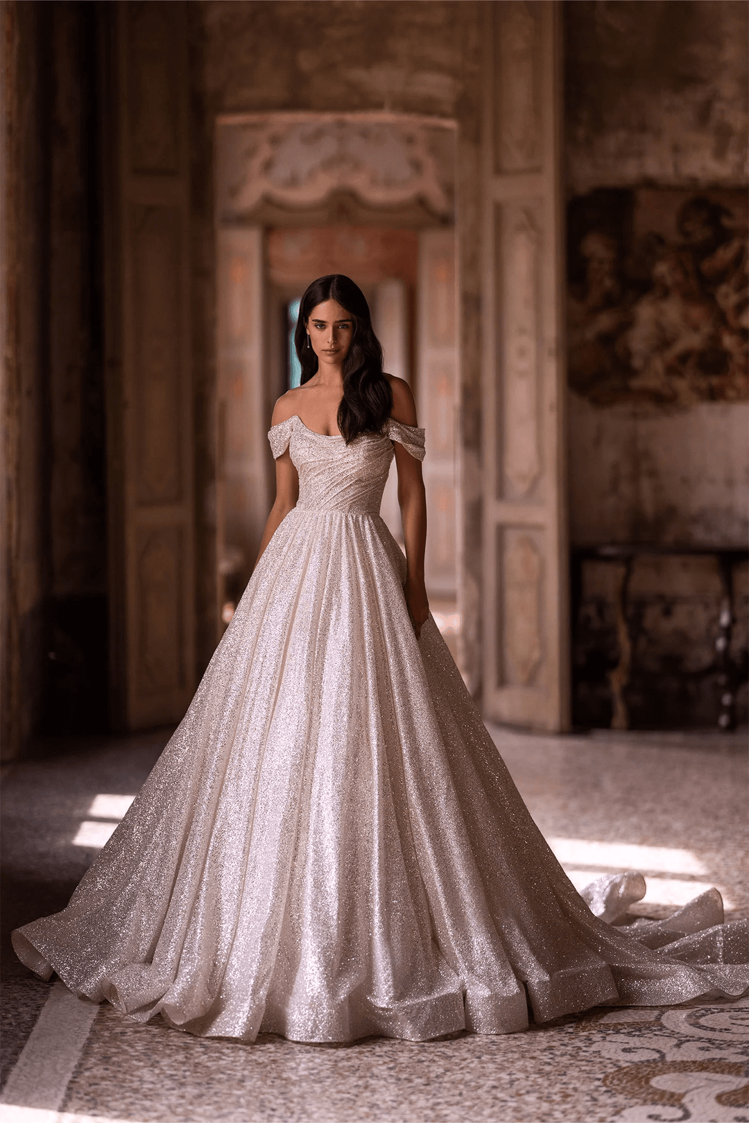 Ivory Off - the - Shoulder Wedding Dress with Low - Cut Neckline – Sequin Ball Gown Wedding Dress with Flowing Train Plus Size - WonderlandByLilian