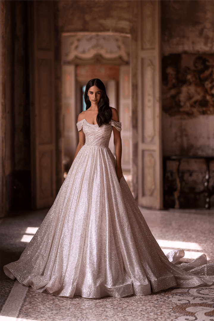 Ivory Off - the - Shoulder Wedding Dress with Low - Cut Neckline – Sequin Ball Gown Wedding Dress with Flowing Train Plus Size - WonderlandByLilian