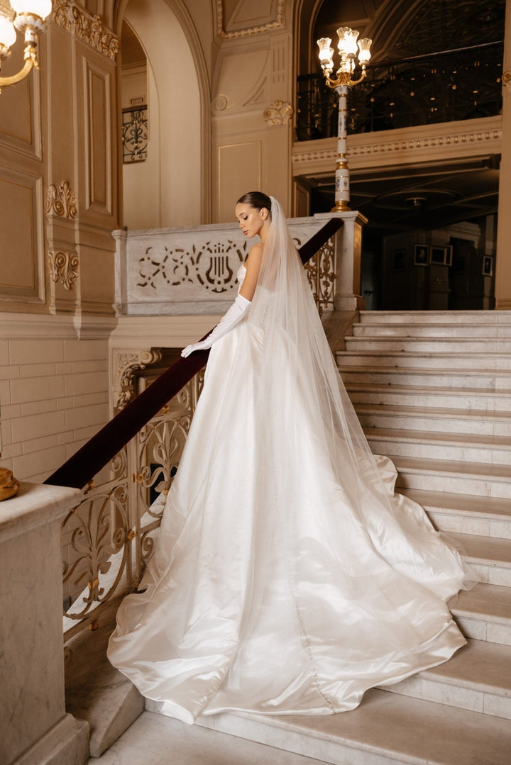 Ivory Off the Shoulder Wedding Dress with Slit – Simple Satin Wedding Gown with Draped Bodice and Buttons Plus Size – MORGAN - WonderlandByLilian