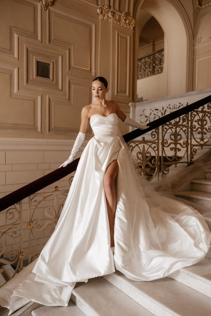 Ivory Off the Shoulder Wedding Dress with Slit – Simple Satin Wedding Gown with Draped Bodice and Buttons Plus Size – MORGAN - WonderlandByLilian