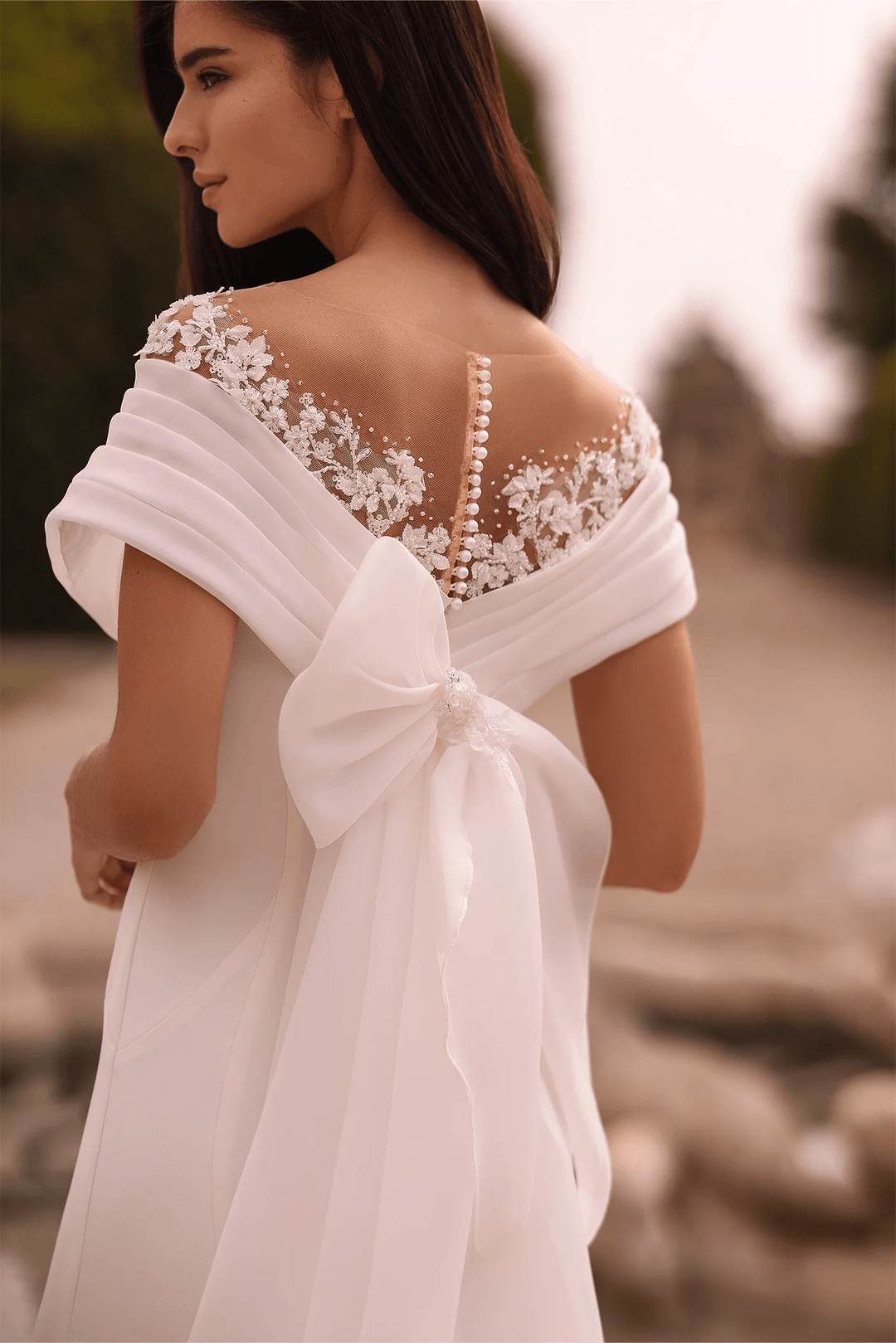 Ivory Off - the - Shoulder Wedding Dress with Thigh Slit – Trumpet Gown with Flower Adorned Neckline and Cascading Bow Plus Size - WonderlandByLilian