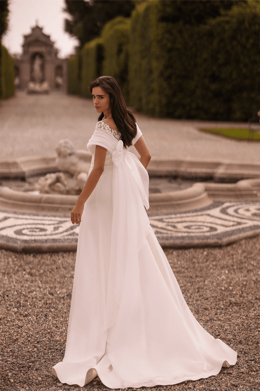 Ivory Off - the - Shoulder Wedding Dress with Thigh Slit – Trumpet Gown with Flower Adorned Neckline and Cascading Bow Plus Size - WonderlandByLilian