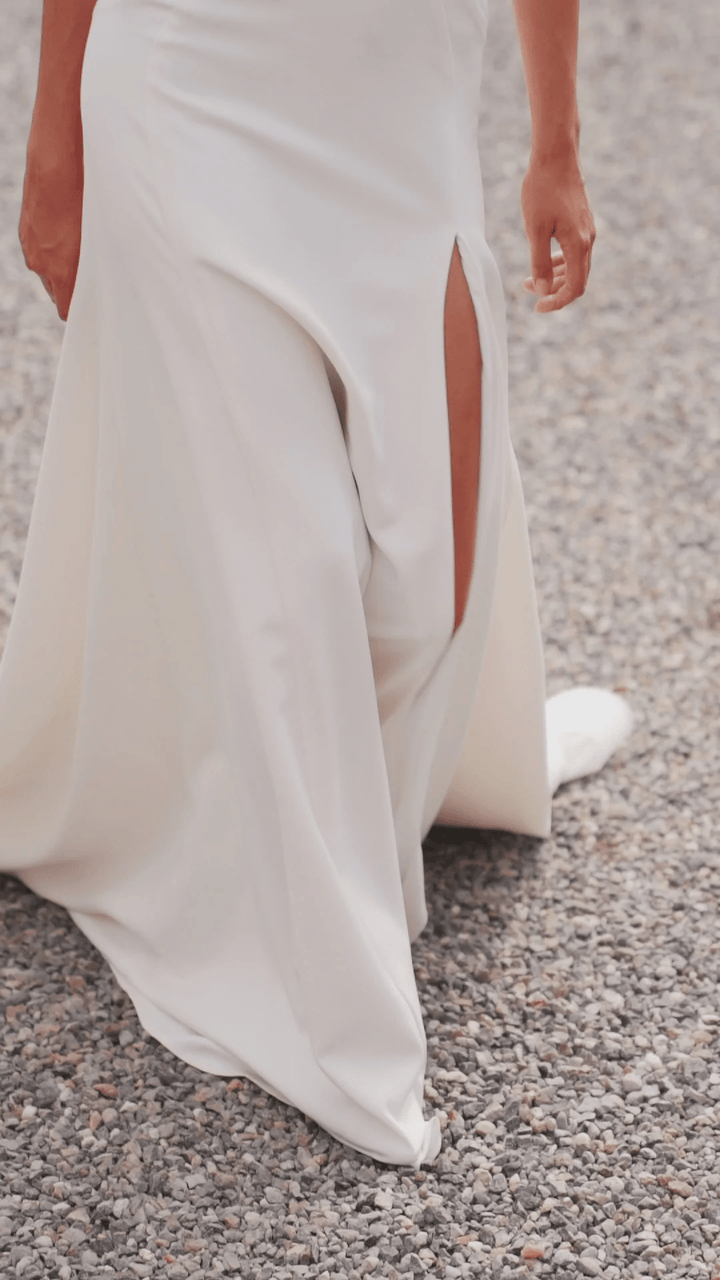 Ivory Off - the - Shoulder Wedding Dress with Thigh Slit – Trumpet Gown with Flower Adorned Neckline and Cascading Bow Plus Size - WonderlandByLilian