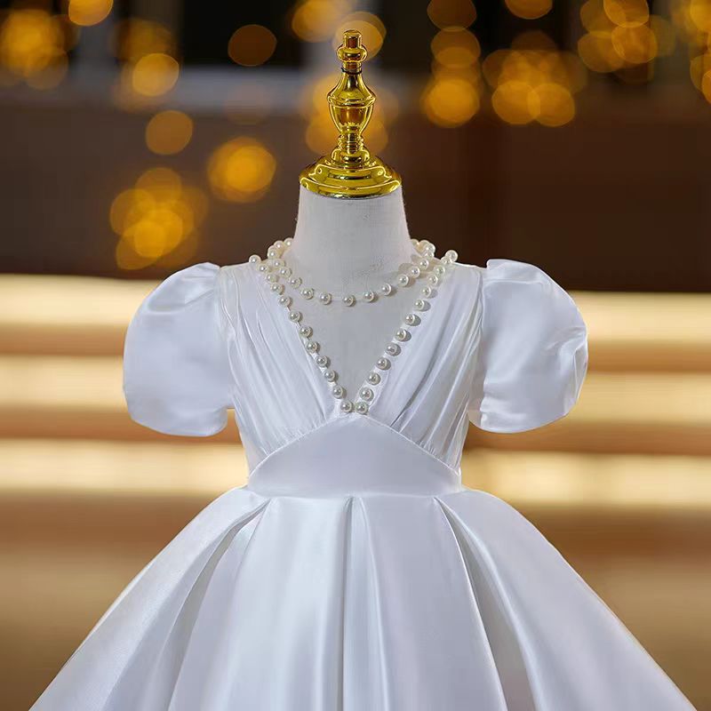 Ivory Pearl Satin Flower Girl Dress for Wedding – Puff Sleeve Plus Size - WonderlandByLilian