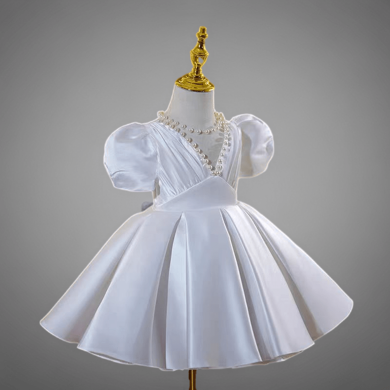 Ivory Pearl Satin Flower Girl Dress for Wedding – Puff Sleeve Plus Size - WonderlandByLilian