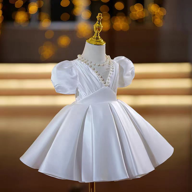 Ivory Pearl Satin Flower Girl Dress for Wedding – Puff Sleeve Plus Size - WonderlandByLilian