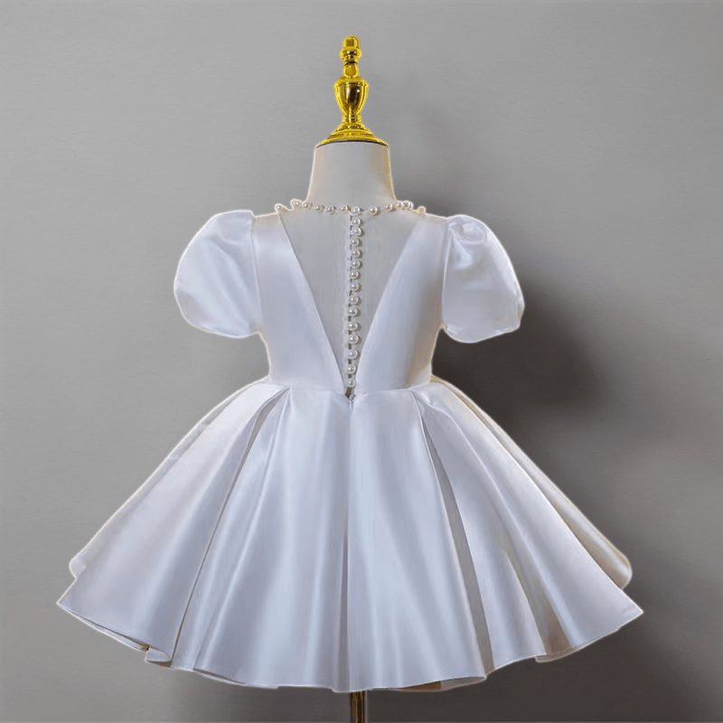 Ivory Pearl Satin Flower Girl Dress for Wedding – Puff Sleeve Plus Size - WonderlandByLilian